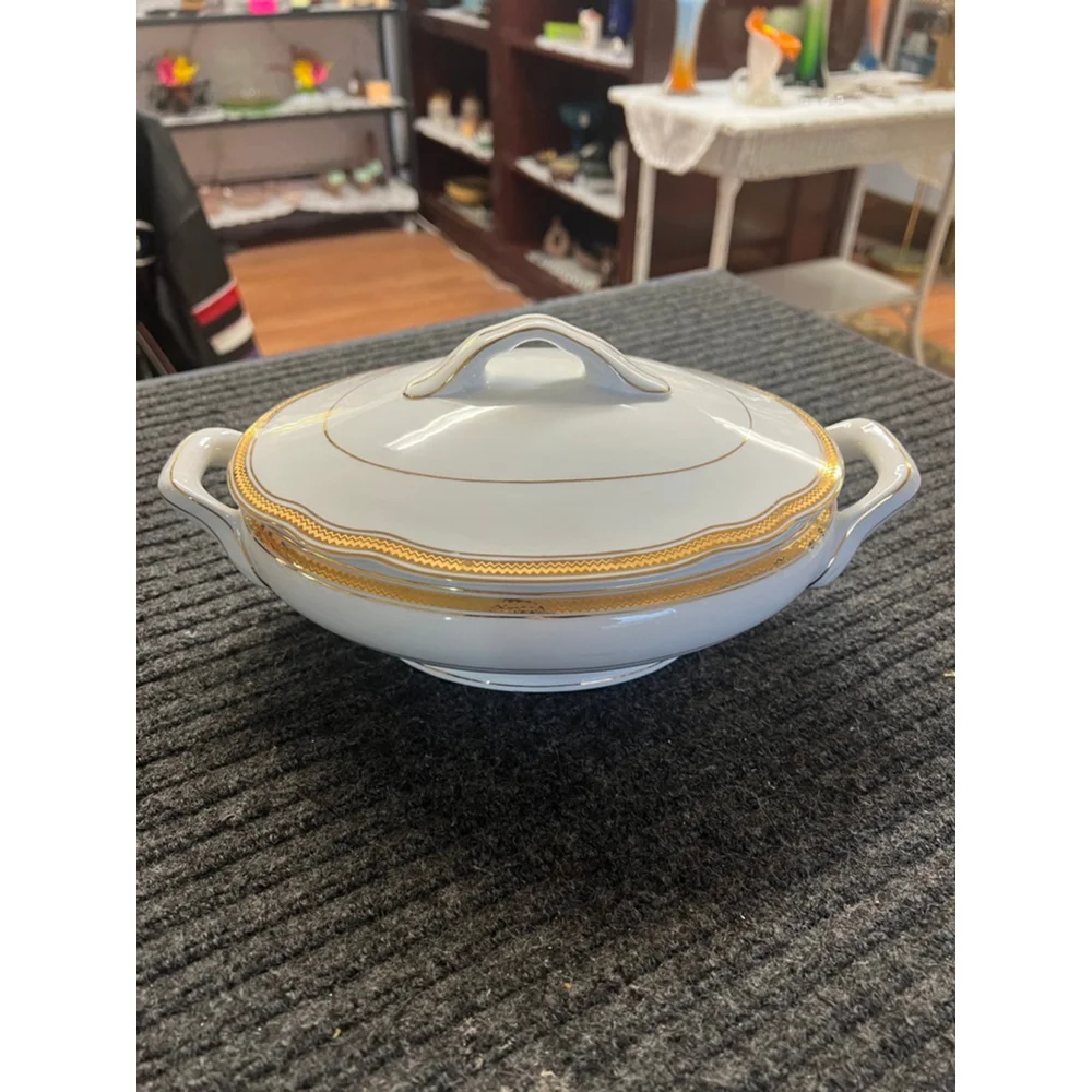 Vintage Vista Alegre Portugal White and Gold Tureen Serving Dish with Lid